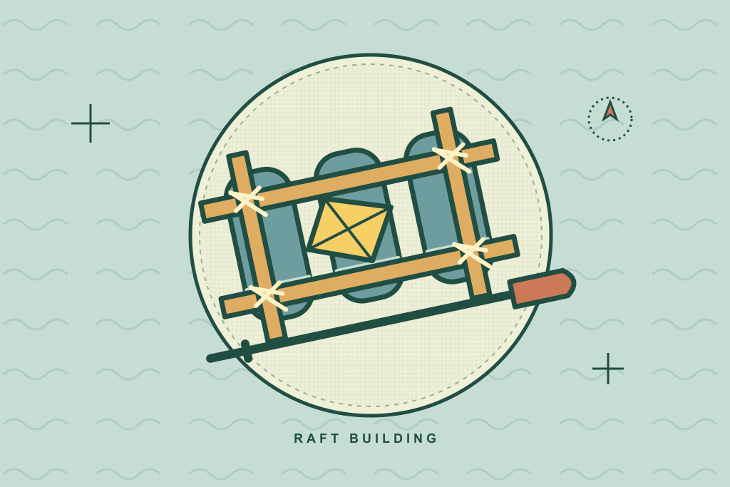 Barrel raft with a timber frame, rope lashings and paddle