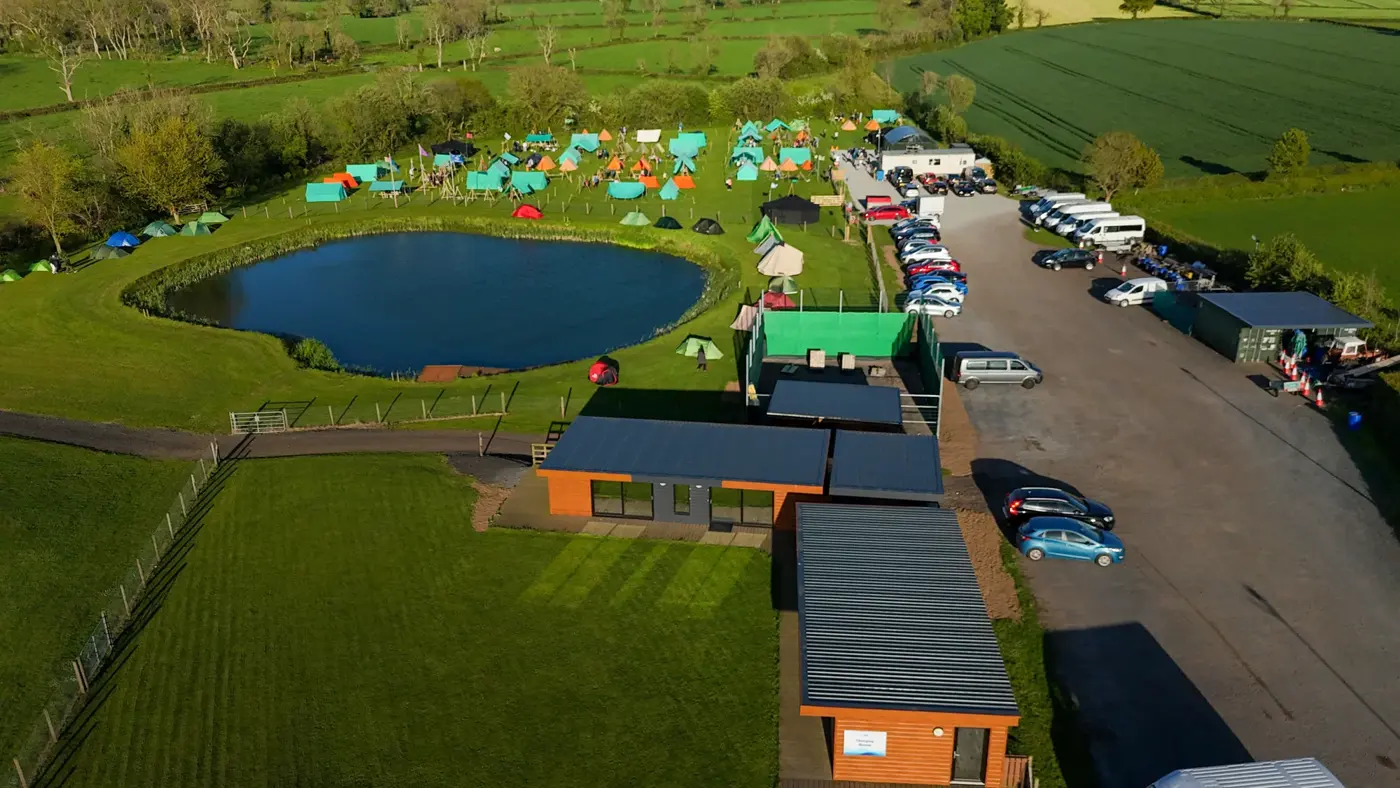 Aerial view of the campsite, lakes and surrounding countryside
